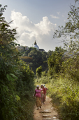 <b>NPL1171</b><br>Nepal; Pokhara; Shanti Stupa; Pagoda; Buddhism; Anadu Hill; Peace Pagodas; Nichidatsu Fujii; World Peace Pagoda; People; Nature; Path; Woman; Walk
