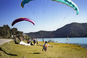 <b>NPL1194</b><br>Nepal; Pokhara; Lake; Landscape; Paragliding; Landing; People; Nature; Path; Valley; Sport; Phewa